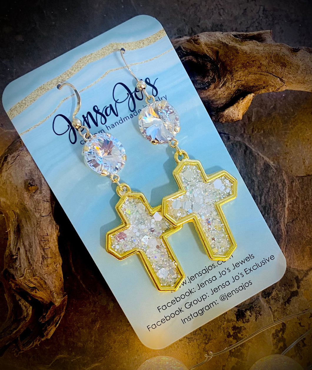White shimmer glitter cross earrings