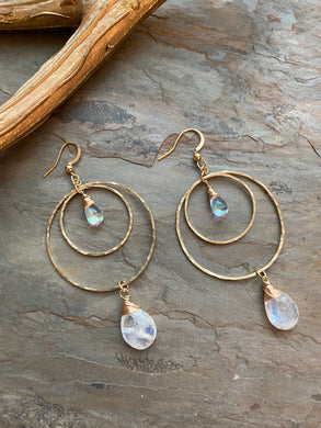 Moonstone Hammered Brass Earrings
